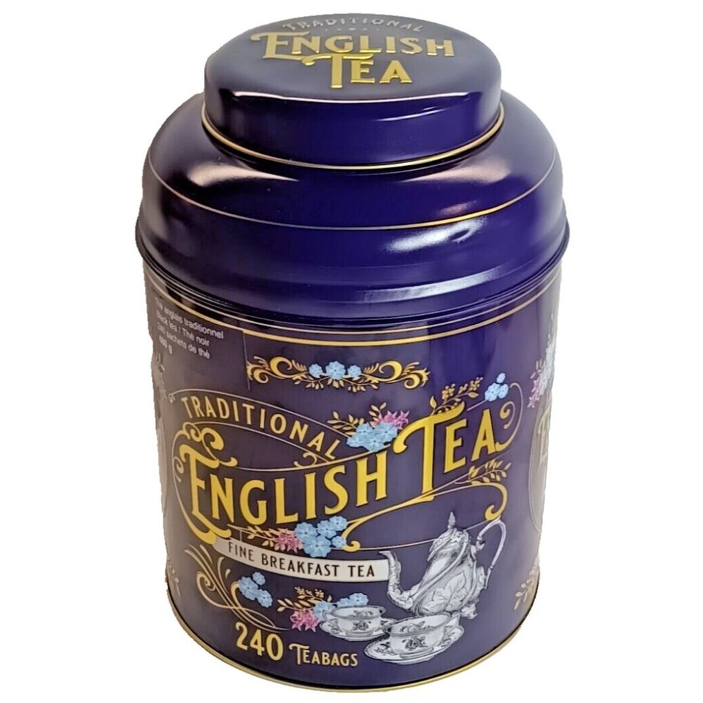 English Tea Tin Navy Blue Victorian Style Round Large Decorative Storage Empty